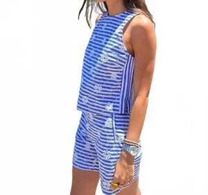 NEW VILAGALLO floral embroidery striped top in blue